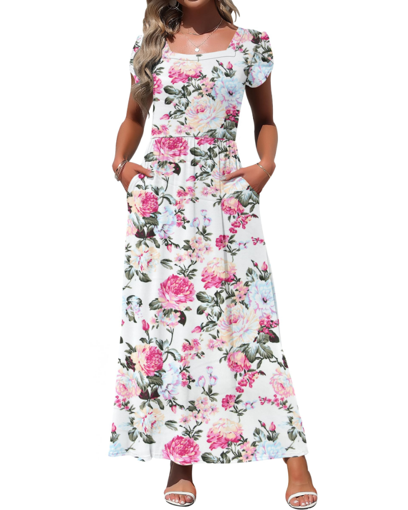 Amelia Vestido largo para mujer – Escote cuadrado, mangas de pétalo y bolsillos laterales