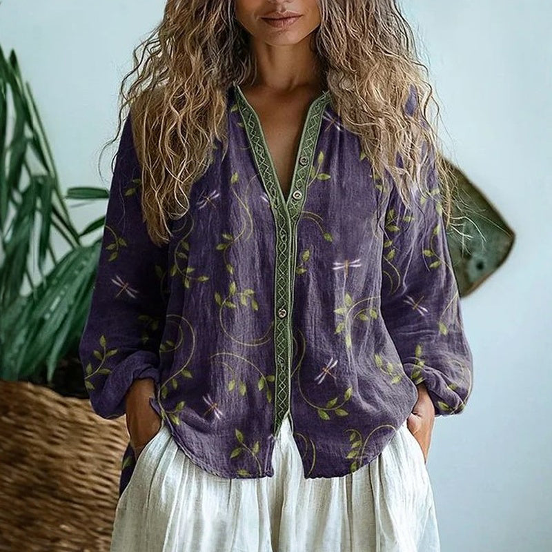 Helen Blouse Femme Vintage – Top Élégant Imprimé Feuilles, Léger, Chic Décontracté Automne