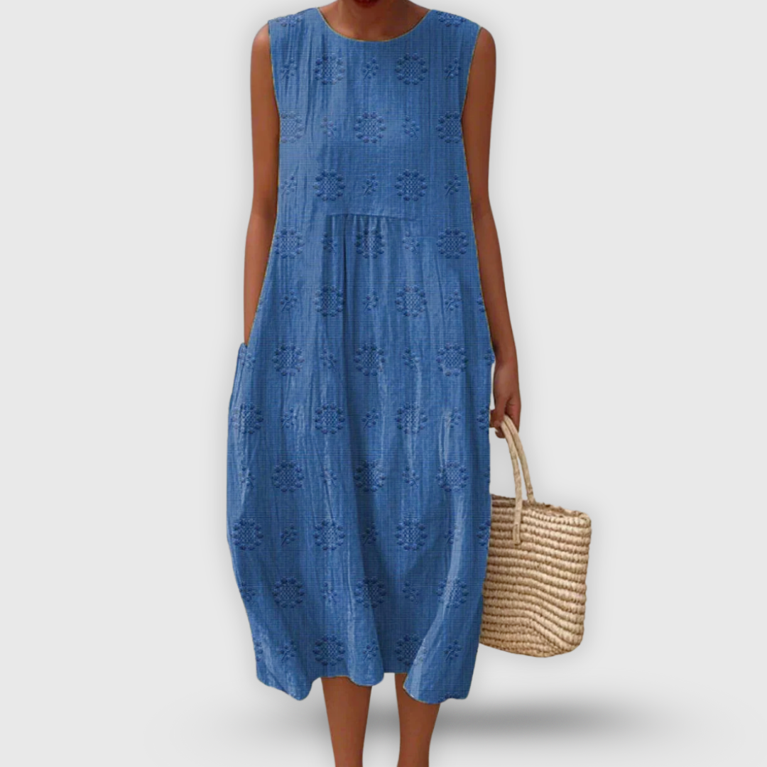 Jayda Robe Femme en Coton – Robe Midi Sans Manches, Broderies Florales, Poches