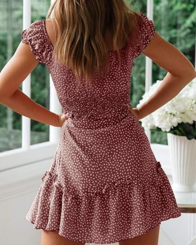 Lydia Mini-Kleid für Damen – Herzausschnitt, Blumenprint und Volantärmel