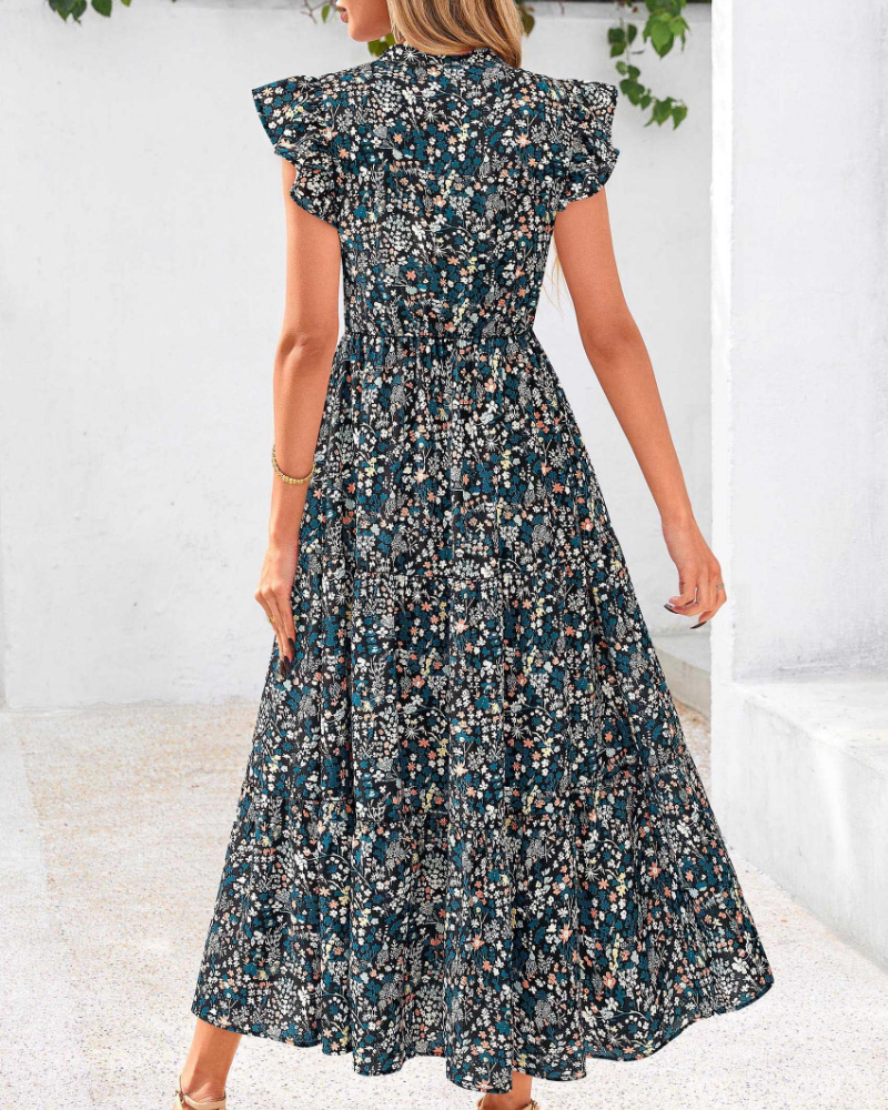 Boho women's midi dress “Juliet” – Floral with a V-neckline, tiered ruffles, and side pockets