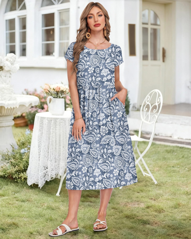 Natalie Abito Midi Donna – Girocollo, Vita Impero, Maniche Corte e Tasche