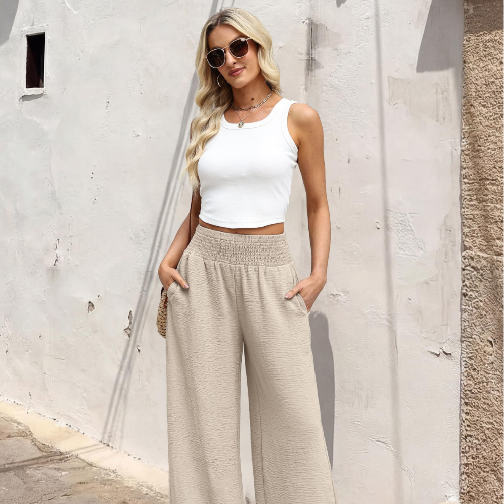 Elena Pantaloni Wide Leg Donna – Modello a Vita Alta con Tasche