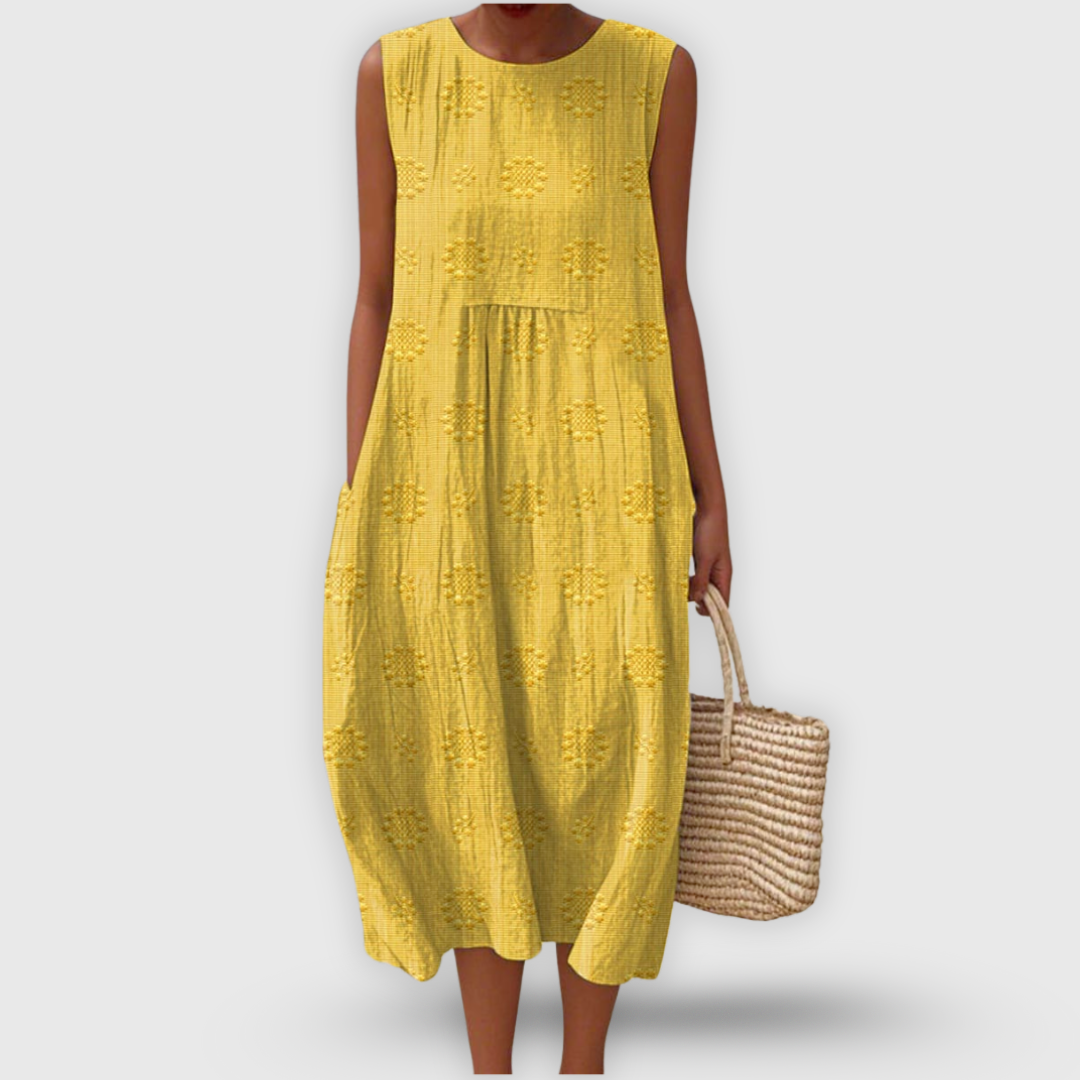 Jayda Robe Femme en Coton – Robe Midi Sans Manches, Broderies Florales, Poches