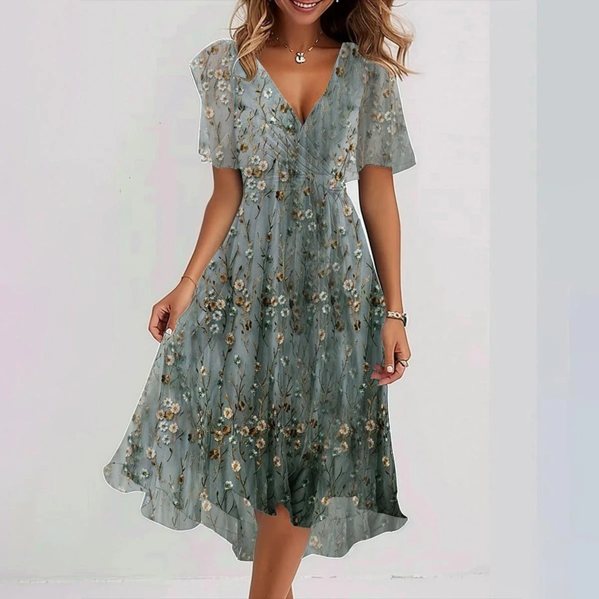 Everly Vestido Midi Mujer – Floral, Escote en V Elegante y Corte Fluido