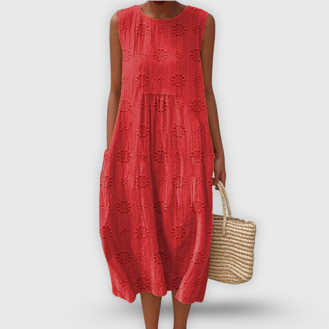 Jayda Robe Femme en Coton – Robe Midi Sans Manches, Broderies Florales, Poches