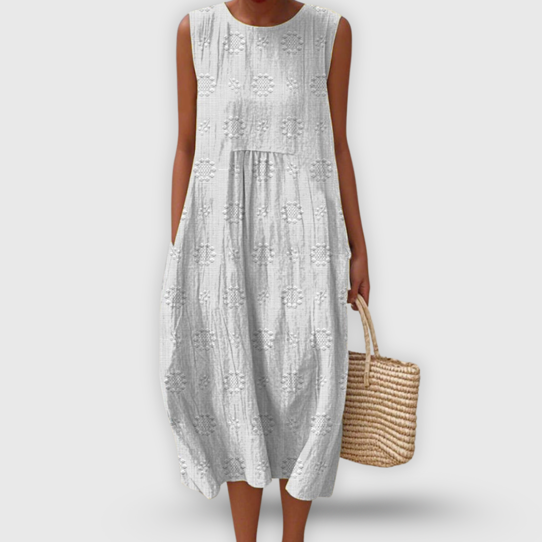 Jayda Robe Femme en Coton – Robe Midi Sans Manches, Broderies Florales, Poches