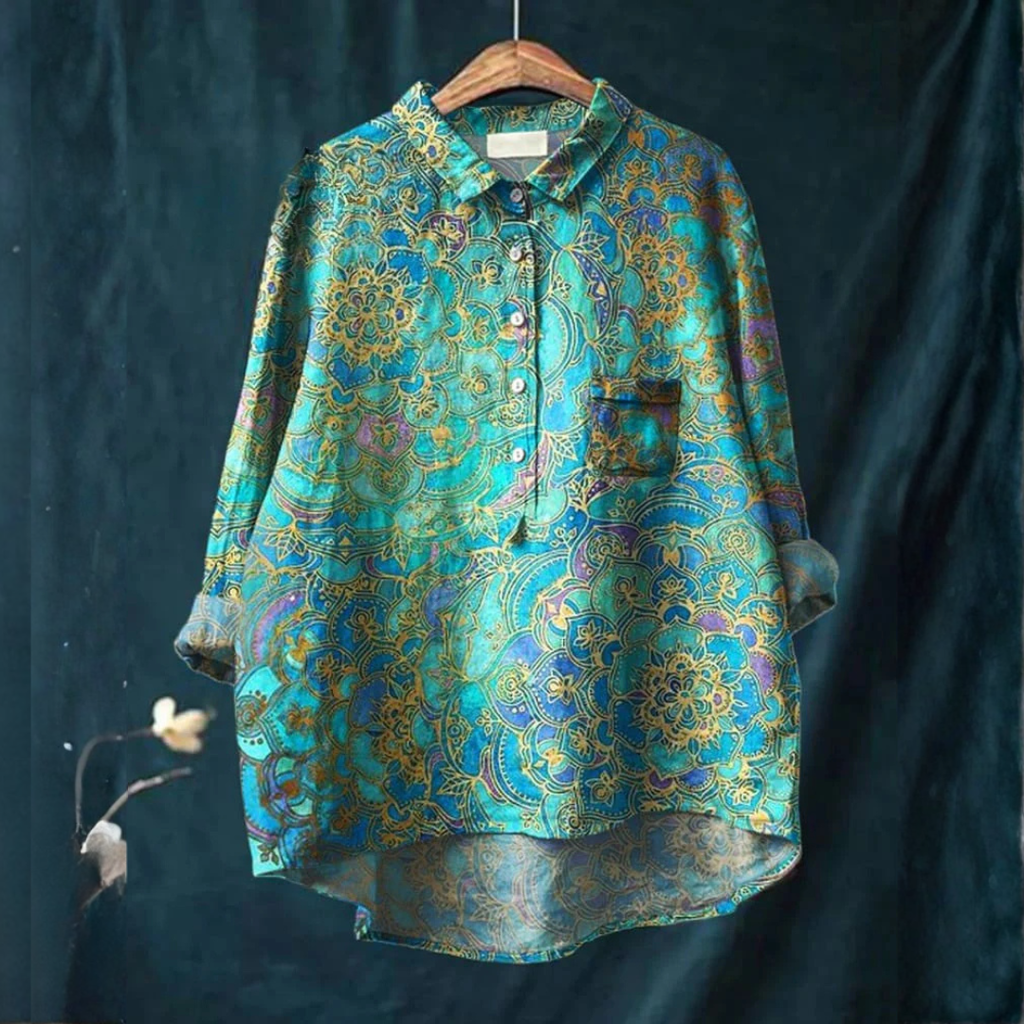 Lucia Chemise Femme Mandala – Imprimé Turquoise Or Violet, Tissu Léger Chic