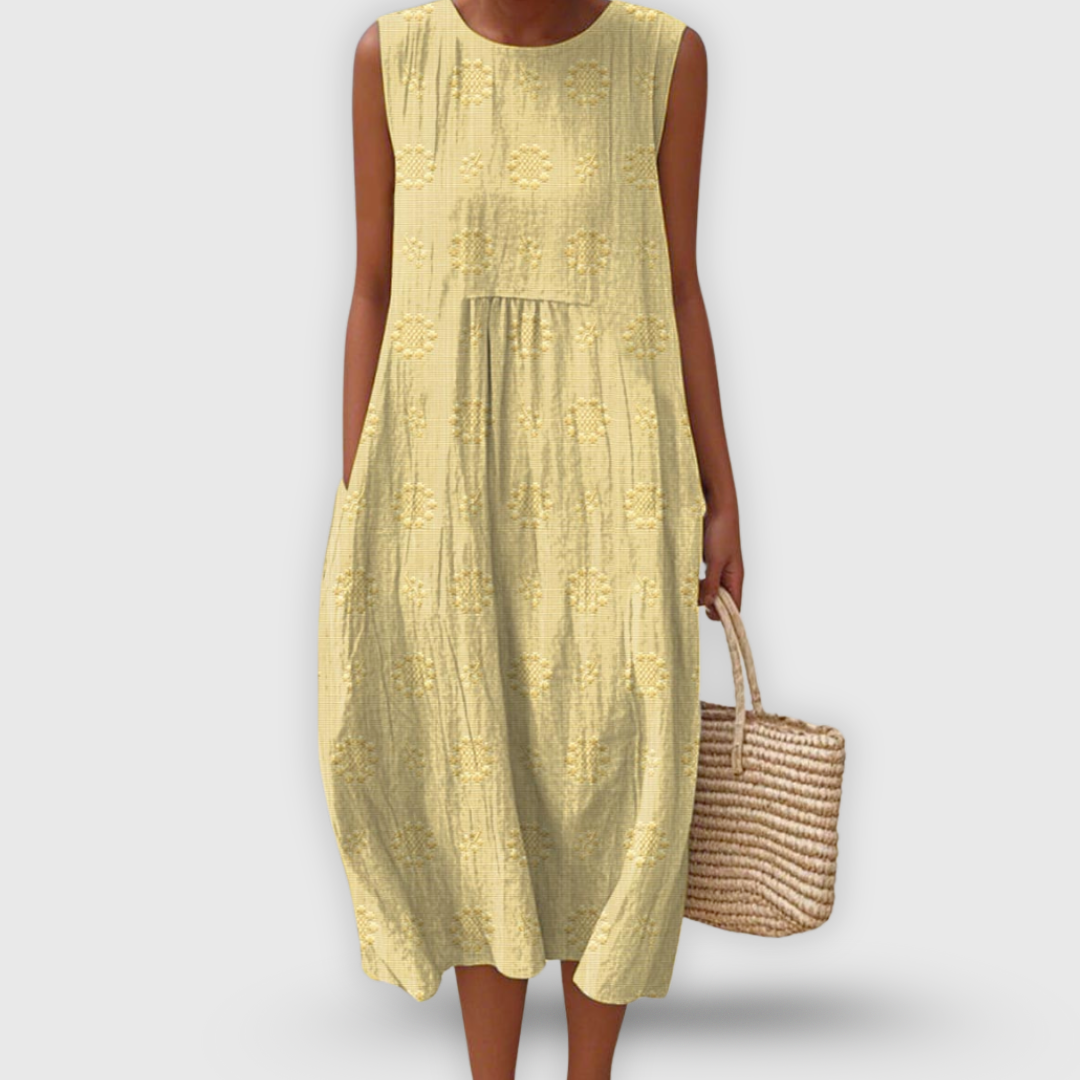 Jayda Robe Femme en Coton – Robe Midi Sans Manches, Broderies Florales, Poches