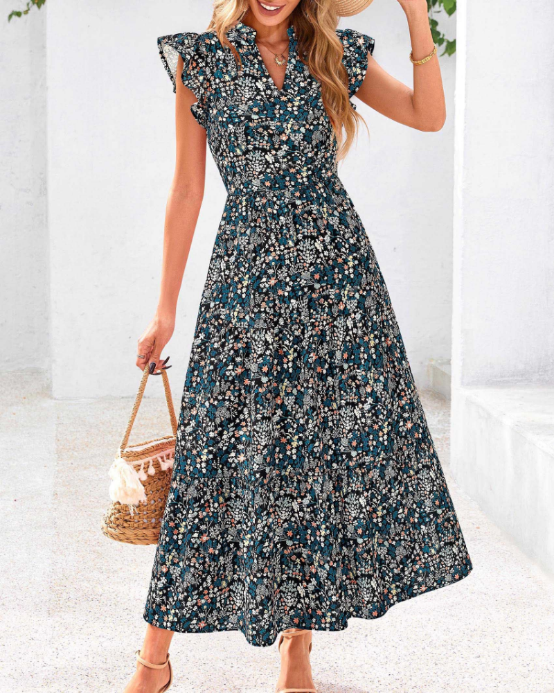 Boho women's midi dress “Juliet” – Floral with a V-neckline, tiered ruffles, and side pockets