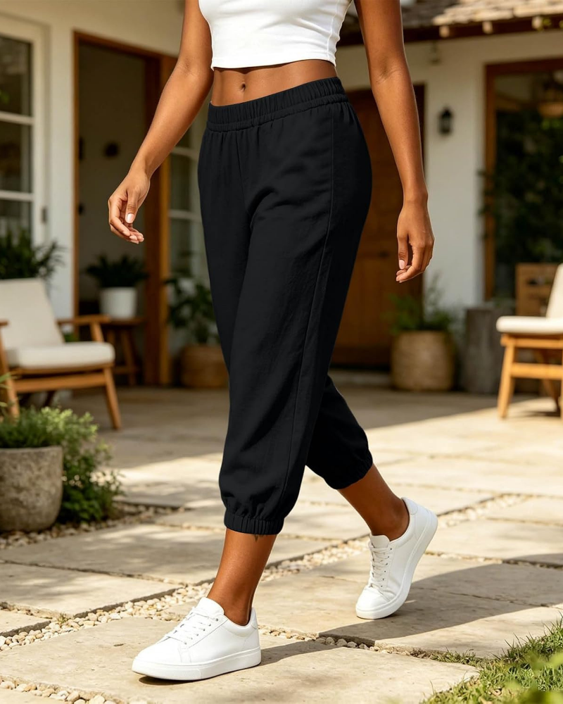 Pantalones capri Rachel para mujer – Talle alto con cordón, bolsillos y pierna recta