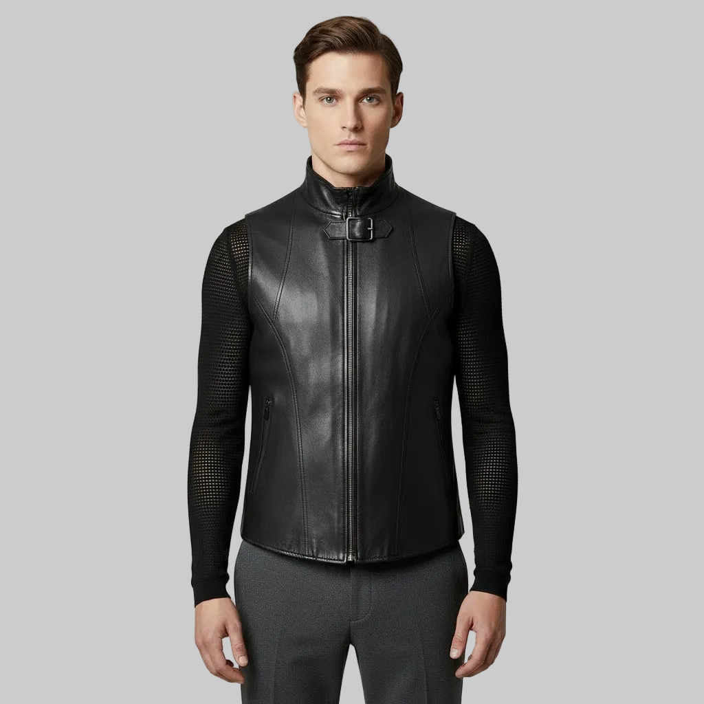 Gilet in pelle con zip e fibbia sul collo