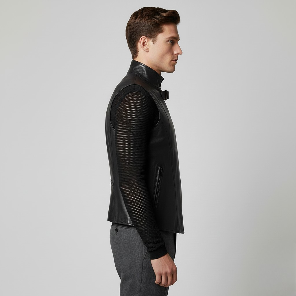 Gilet in pelle con zip e fibbia sul collo