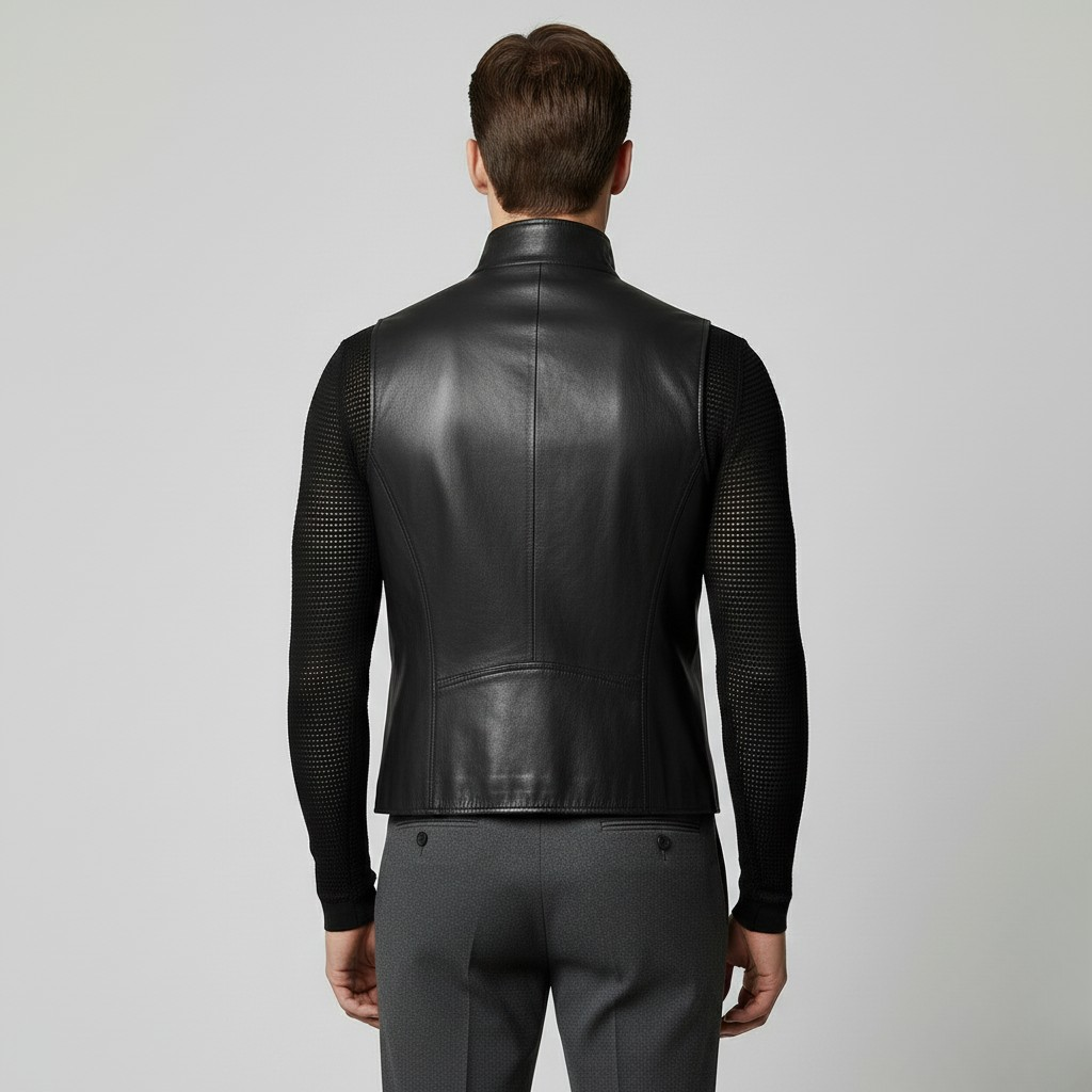 Gilet in pelle con zip e fibbia sul collo