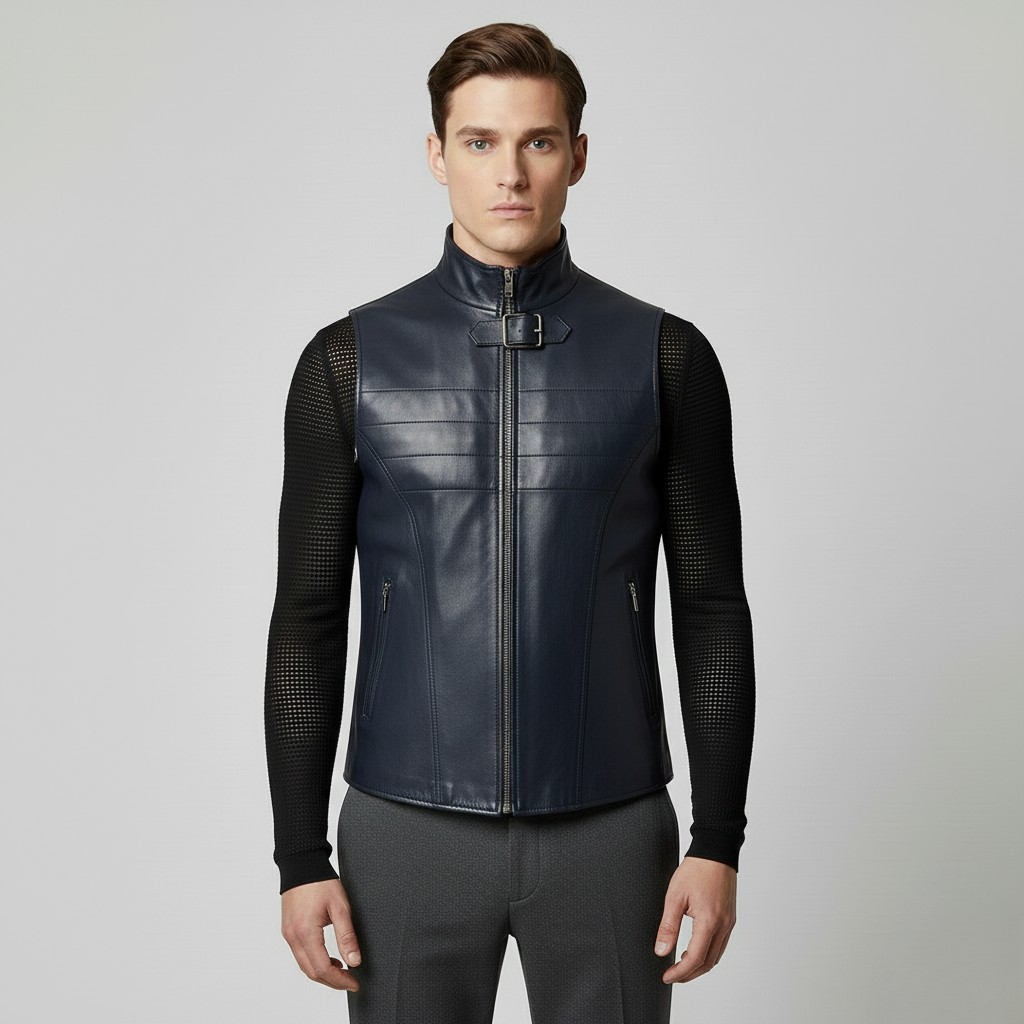 Gilet in pelle con zip e fibbia sul collo