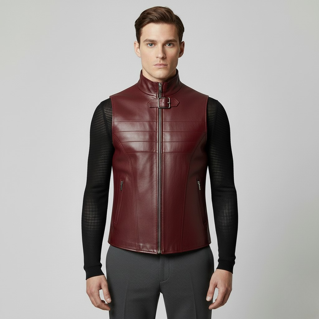 Gilet in pelle con zip e fibbia sul collo