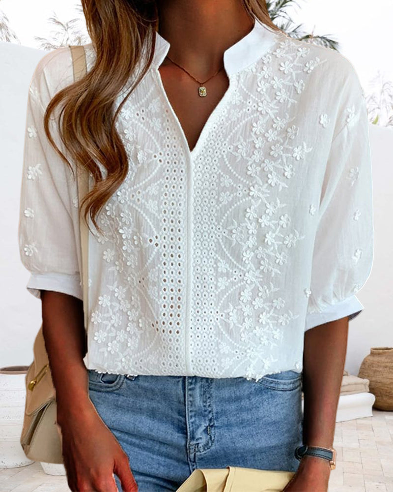 Amelie Blusa Mujer – Escote en V, Mangas Abullonadas y Detalles de Encaje Elegante