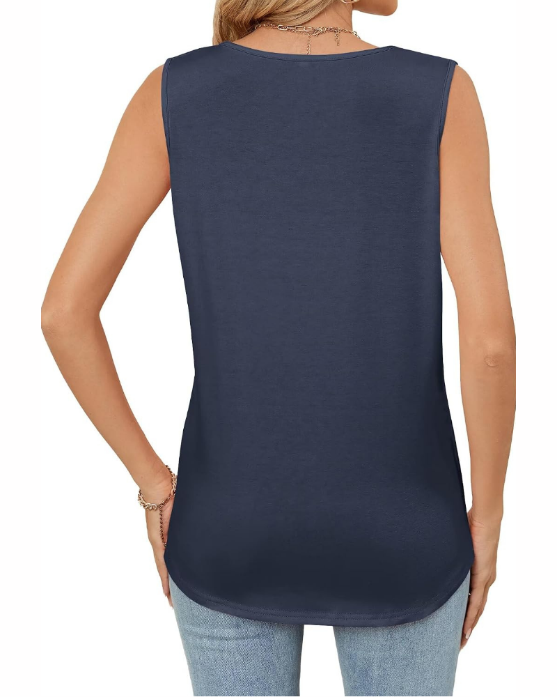 Camiseta de tirantes Megan para mujer – Cuello redondo, detalles plisados y corte holgado