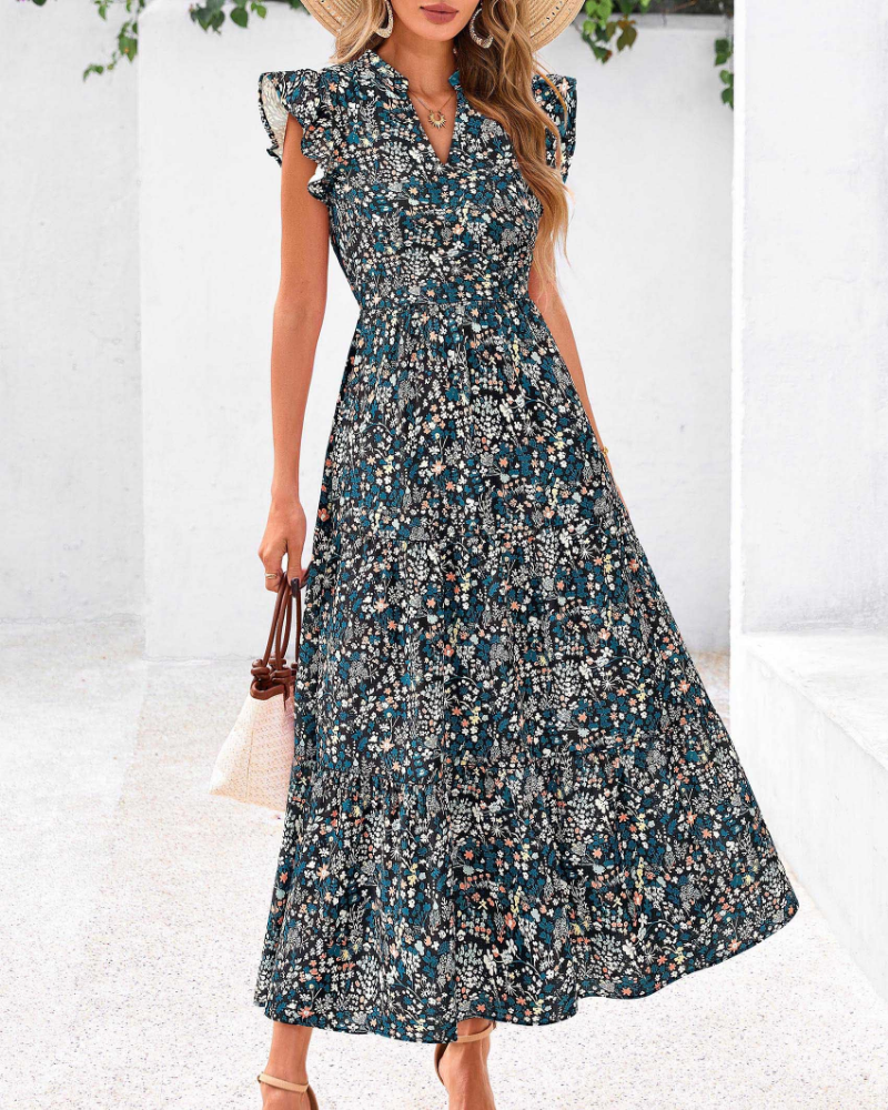 Boho women's midi dress “Juliet” – Floral with a V-neckline, tiered ruffles, and side pockets