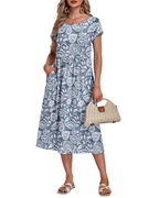 Natalie Abito Midi Donna – Girocollo, Vita Impero, Maniche Corte e Tasche