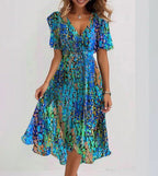 Robe midi bleue Breena pour femme – Robe manches courtes élégante, fluide chic décontracté