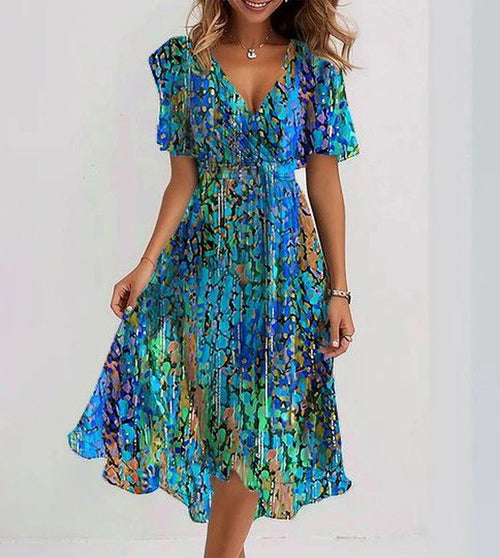 Vestido Midi Azul Breena para Mujer – Vestido con Mangas Cortas Elegante, Fluido Casual Chic