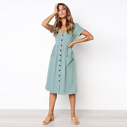 Meden Robe Femme Midi – Col en V, Boutons Décoratifs, Coupe A, Poches, Estivale