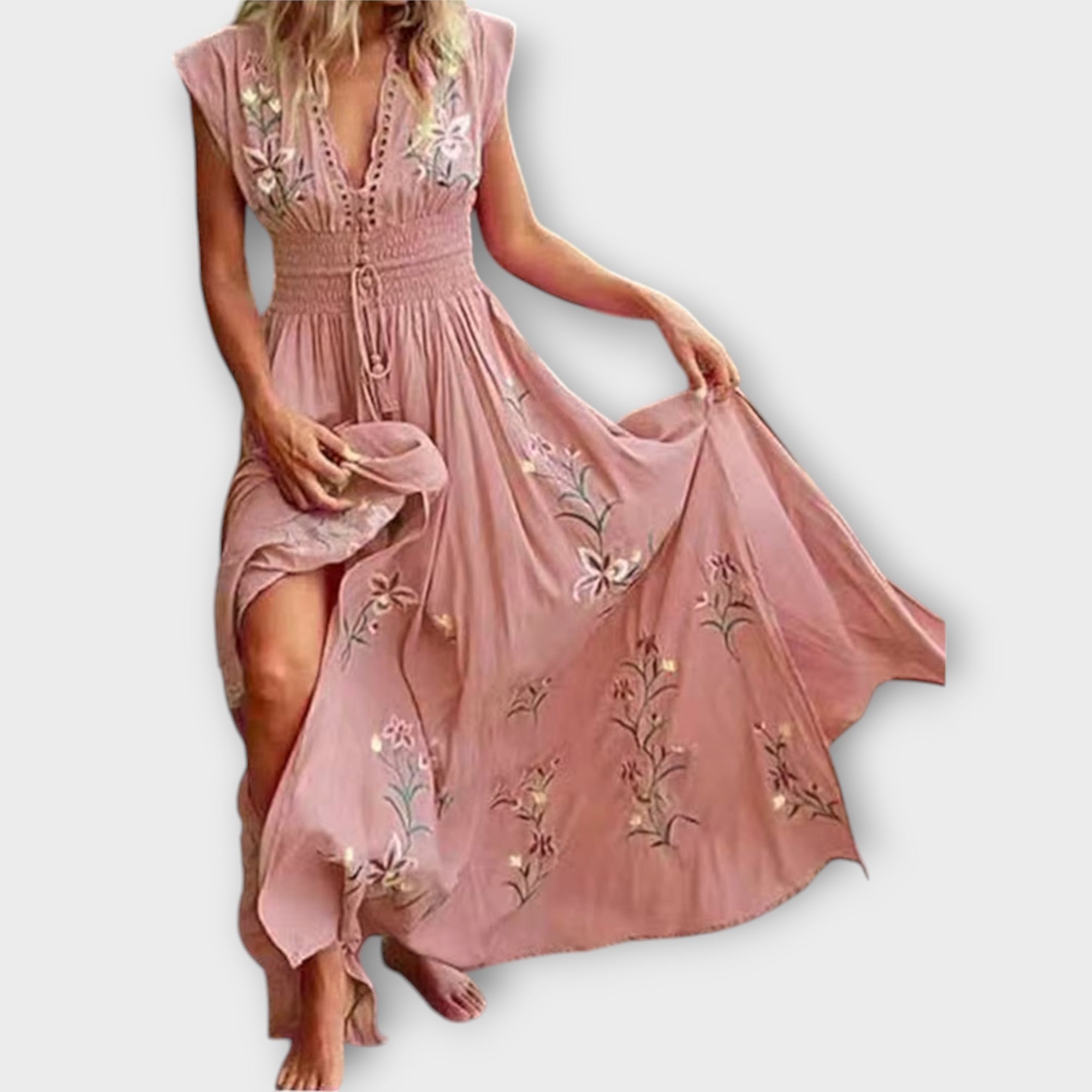 Vestido Boho Bordado Elena para Mujer – Vestido de Verano con Cintura Marcada, Elegante Casual Chic