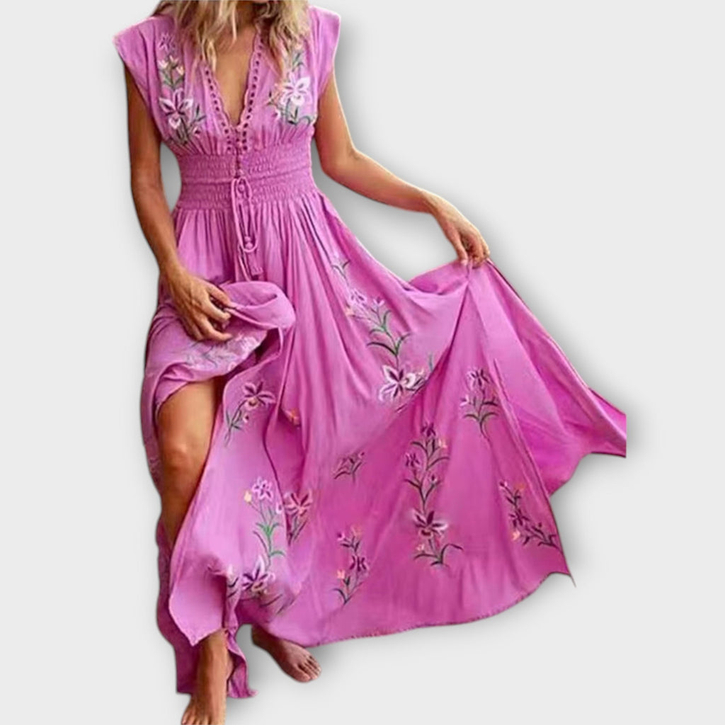 Robe bohème brodée Elena pour femme – Robe d'été taille marquée, élégante chic décontracté