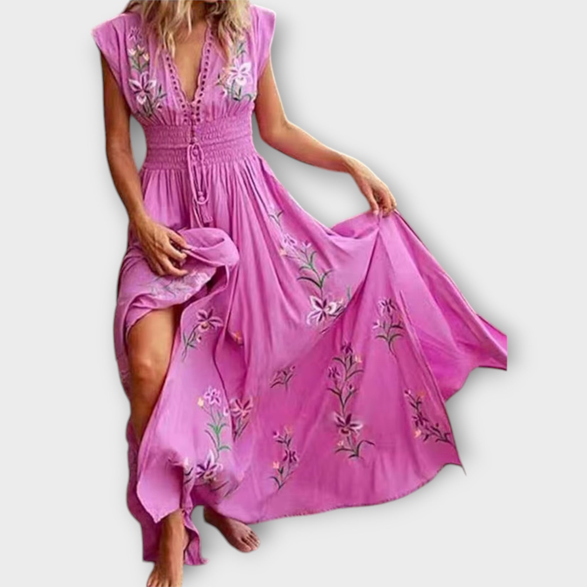 Robe bohème brodée Elena pour femme – Robe d'été taille marquée, élégante chic décontracté