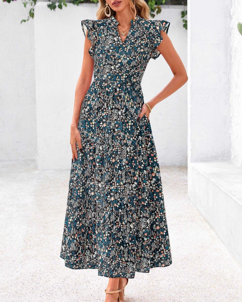 Boho women's midi dress “Juliet” – Floral with a V-neckline, tiered ruffles, and side pockets