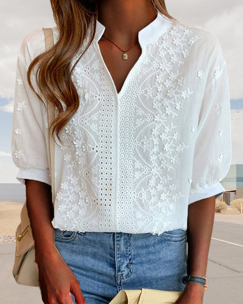 Amelie Blusa Mujer – Escote en V, Mangas Abullonadas y Detalles de Encaje Elegante