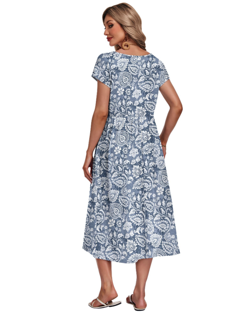 Natalie Abito Midi Donna – Girocollo, Vita Impero, Maniche Corte e Tasche
