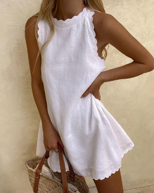 Meleden Robe Femme Mini Lin – Dos Nu, Col Ondulé, Fermeture Éclair Arrière Estivale