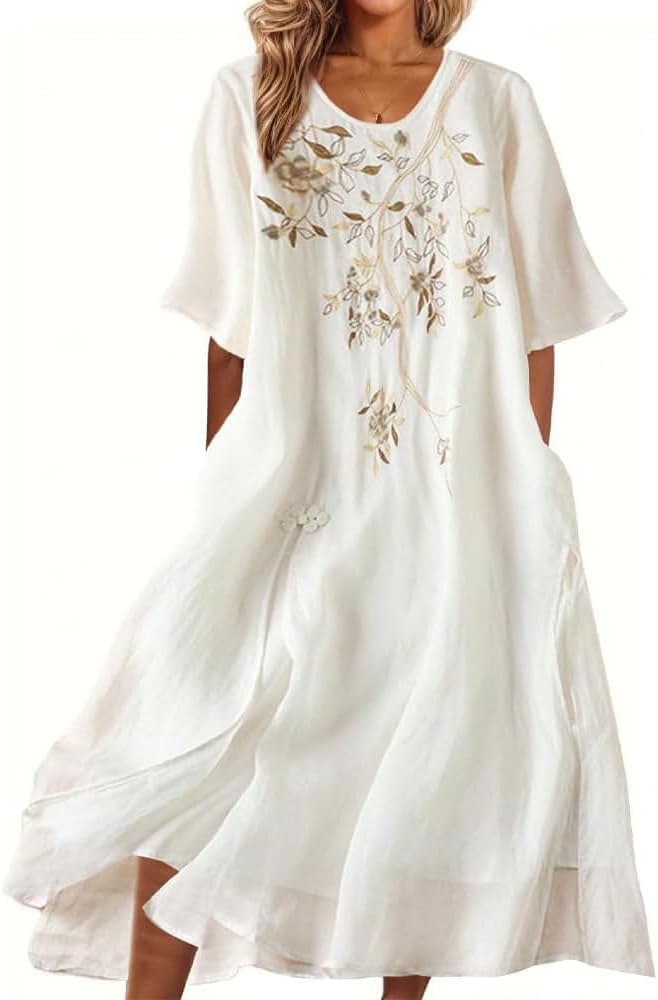 Amelia Vestido Largo Boho para Mujer – Vestido de Algodón y Lino con Bordados Florales