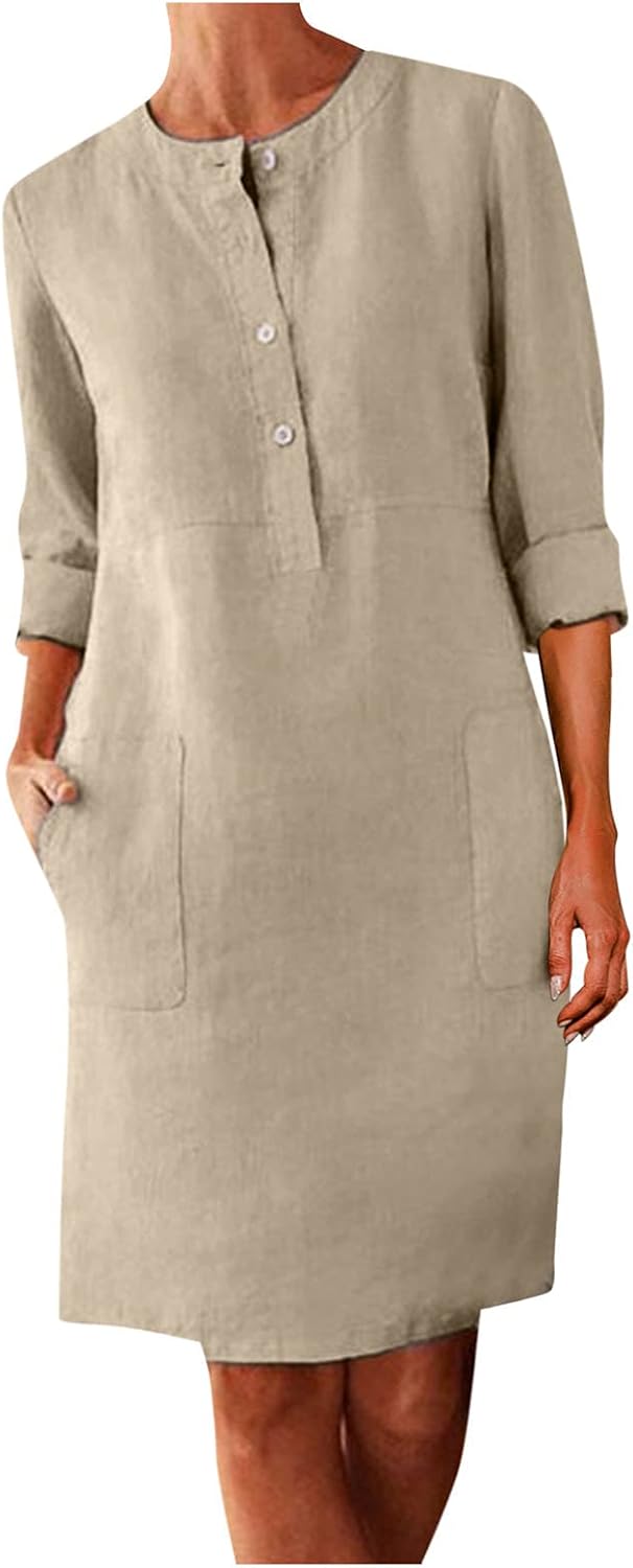 Giulia Robe bohème en lin pour femme – Robe décontractée mi-longue avec boutons et poches