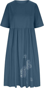 Elena Robe Femme Midi Coton Lin – Robe Décontractée Col Rond Manches Courtes Grande Taille