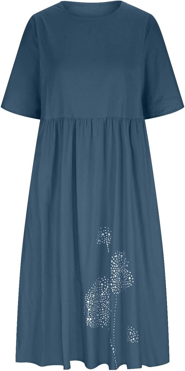 Elena Robe Femme Midi Coton Lin – Robe Décontractée Col Rond Manches Courtes Grande Taille