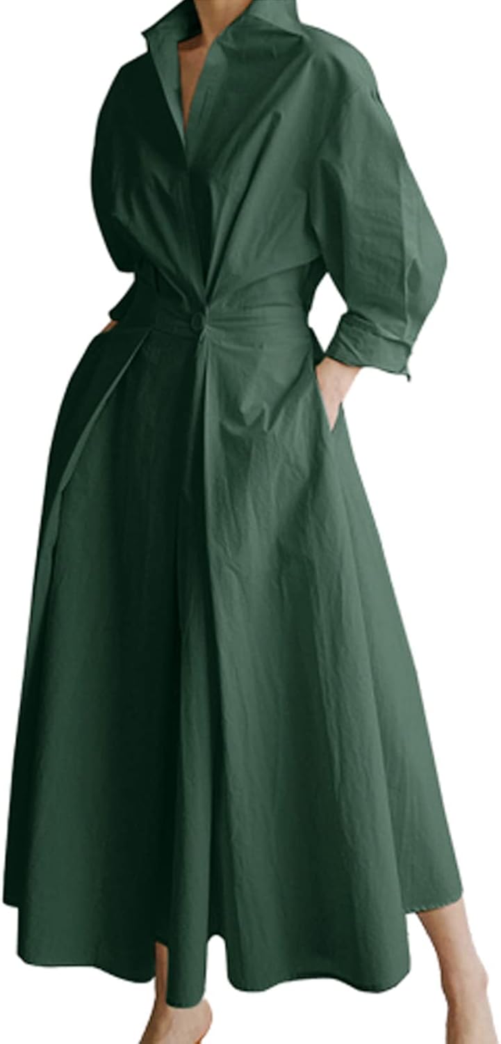 Selena Robe Longue Femme – Robe Maxi Décontractée Élégante avec Boutons et Manches Longues