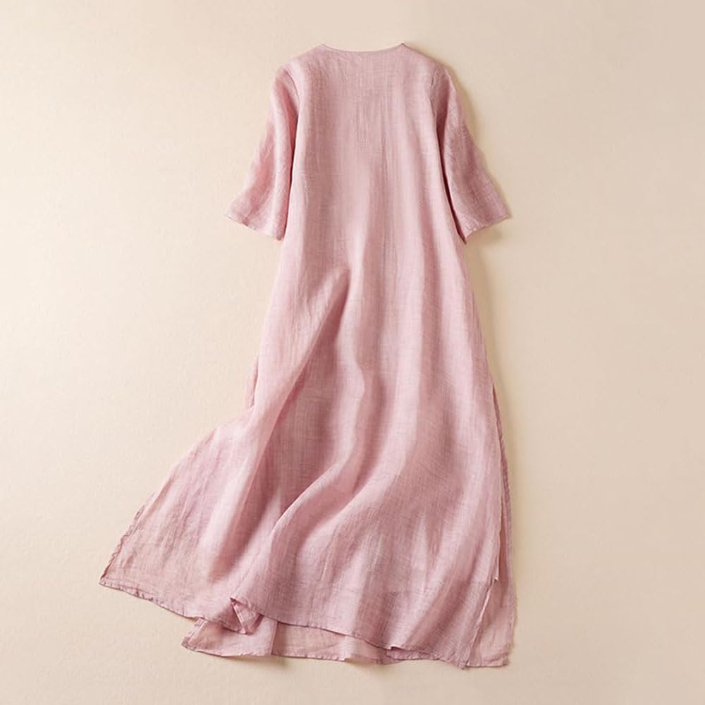 Amelia Vestido Largo Boho para Mujer – Vestido de Algodón y Lino con Bordados Florales
