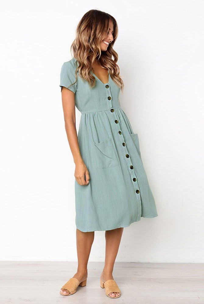 Meden Robe Femme Midi – Col en V, Boutons Décoratifs, Coupe A, Poches, Estivale