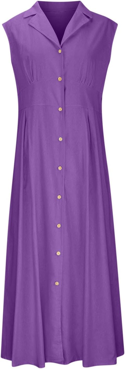 Aurora Robe Femme – Robe Longue Lin Coton, Sans Manches, Boutons