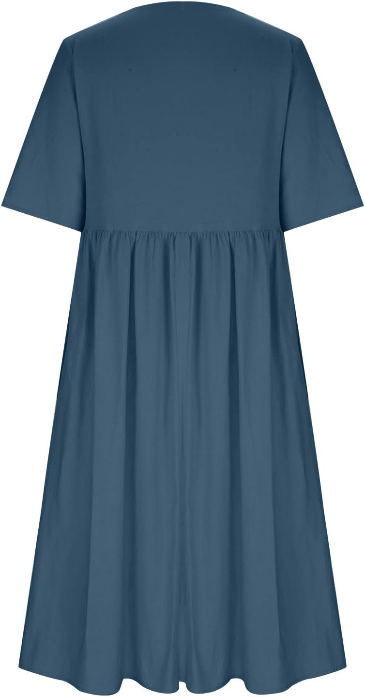 Elena Robe Femme Midi Coton Lin – Robe Décontractée Col Rond Manches Courtes Grande Taille