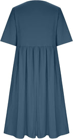 Elena Robe Femme Midi Coton Lin – Robe Décontractée Col Rond Manches Courtes Grande Taille
