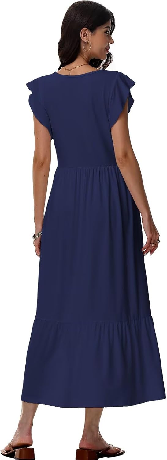 Elena Robe Midi Florale pour Femme – Robe d'Été avec Col en V et Poches