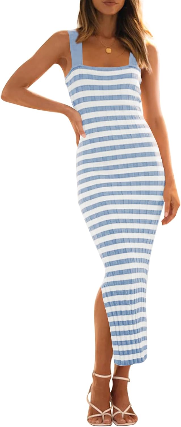 Noemi Robe Midi Femme – Bodycon Rayé, Col Carré, Tricot Élastique