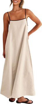 Martina Robe Maxi Femme – Lin, Bretelles Fines, Dos Nu, Décontracté