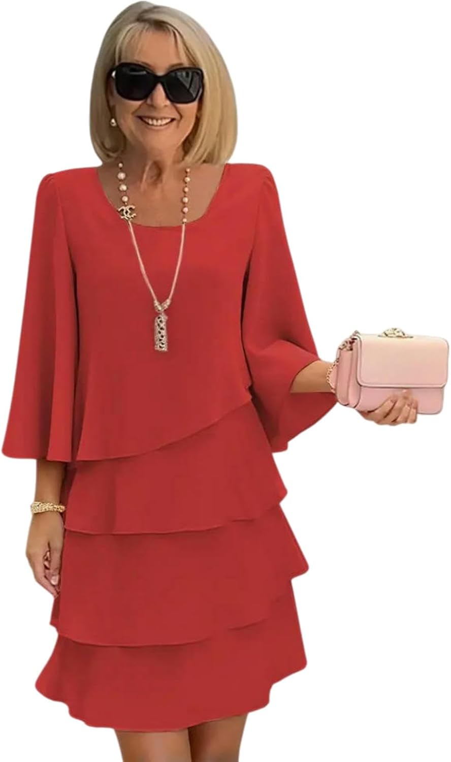 Giulia Vestido para Mujer – Vestido Midi con Volantes, Cuello Redondo, Corte Holgado Elegante