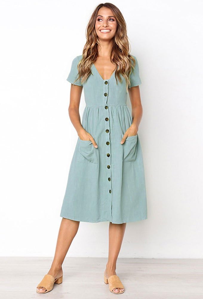 Meden Robe Femme Midi – Col en V, Boutons Décoratifs, Coupe A, Poches, Estivale