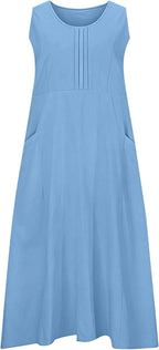 Hailey Robe Femme Lin Coton – Mi-longue Sans Manches, Plissée, Poches Décontractées